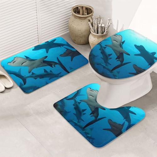GTKSYNVE Hammerhead Sharks Badezimmerteppich-Set, 3-teilig, mit WC-Deckelbezug, U-förmiger Kontur-WC-Vorleger und saugfähige Badematten aus Mikrofaser, schnell trocknend, maschinenwaschbar, Duschmatte von GTKSYNVE