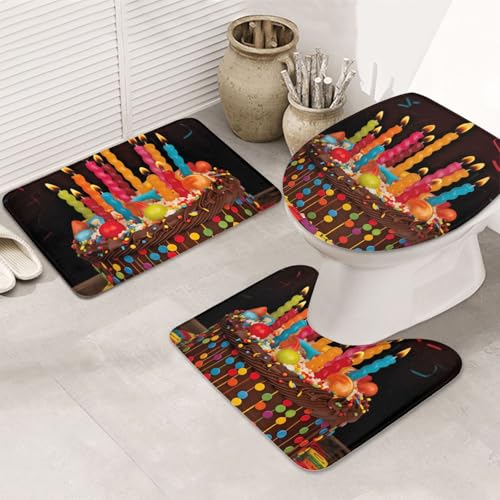 GTKSYNVE Happy Birthday Big Cake Badezimmerteppich-Set, 3-teilig, mit WC-Deckelbezug, U-förmiger Kontur-WC-Vorleger und saugfähiger Mikrofaser-Badematte, schnell trocknend, maschinenwaschbar von GTKSYNVE
