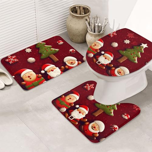 GTKSYNVE Happy Christmas Badezimmerteppich-Set, 3-teilig, mit WC-Deckelbezug, U-förmiger Kontur-WC-Vorleger und saugfähige Badematten aus Mikrofaser, schnell trocknend, maschinenwaschbar, Duschmatte von GTKSYNVE