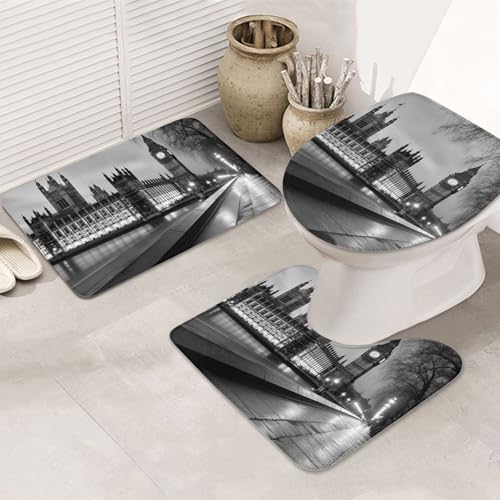 GTKSYNVE Houses of Parliament Badezimmerteppich-Set, 3-teilig, mit WC-Deckelbezug, U-förmiger Kontur-WC-Vorleger und saugfähige Badematten aus Mikrofaser, schnell trocknend, maschinenwaschbar von GTKSYNVE