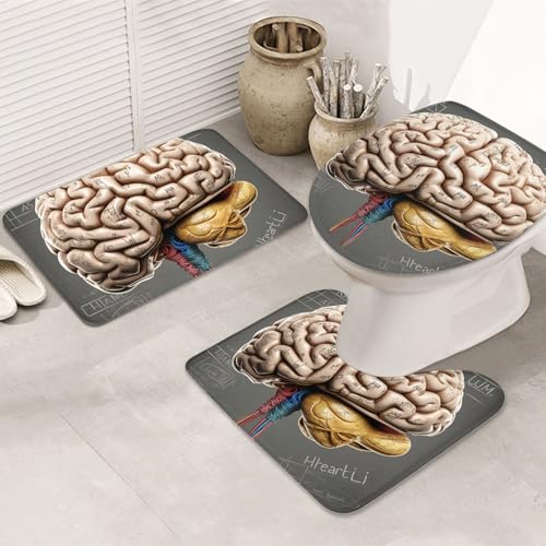 GTKSYNVE Human Brain Badezimmerteppich-Set, 3-teilig, mit WC-Deckelbezug, U-förmiger Kontur-WC-Vorleger und saugfähige Badematten aus Mikrofaser, schnell trocknend, maschinenwaschbar, Duschmatte von GTKSYNVE