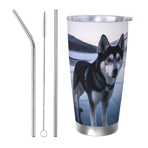 GTKSYNVE Husky Dog on a Frozen Lake Tumbler with Leak-Proof Lid and Straw, 590.0 g Car Cups Vacuum-Insulated Stainless Steel Travel Coffee Mug, BPA Free Reusable Thermal Cup for Outdoor von GTKSYNVE