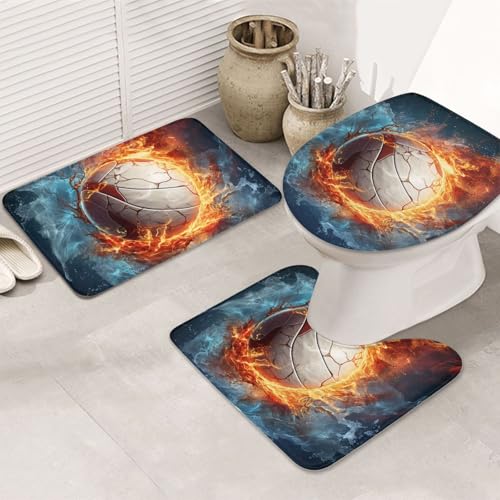 GTKSYNVE Ice and Fire Volleyball-Badezimmerteppich-Set, 3-teilig, mit WC-Deckelbezug, U-förmiger Kontur-WC-Vorleger und saugfähige Badematten aus Mikrofaser, schnell trocknend, maschinenwaschbar von GTKSYNVE