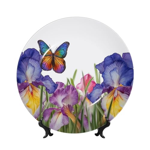 GTKSYNVE Iris Deko-Teller aus Knochenporzellan, Blume, Schmetterling, 17,8 cm, personalisierbar, Keramik-Dekoteller mit Präsentationsständer, Keramik-Ornamente, Kunst-Porzellanteller für Zuhause, Büro von GTKSYNVE