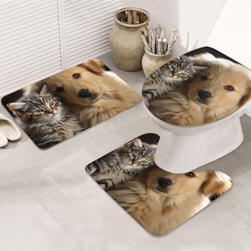 GTKSYNVE Katzen- und Hunde-Badezimmerteppich-Set, 3-teilig, mit WC-Deckelbezug, U-förmiger Kontur-WC-Vorleger und saugfähige Badematten aus Mikrofaser, schnell trocknend, maschinenwaschbar, Duschmatte von GTKSYNVE