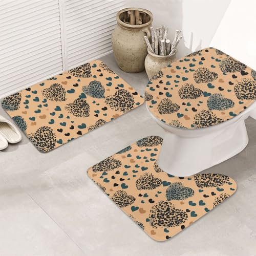 GTKSYNVE Leopard Love Badezimmerteppich-Set, 3-teilig, mit WC-Deckelbezug, U-förmiger Kontur-WC-Vorleger und saugfähige Badematten aus Mikrofaser, schnell trocknend, maschinenwaschbar, Duschmatte von GTKSYNVE