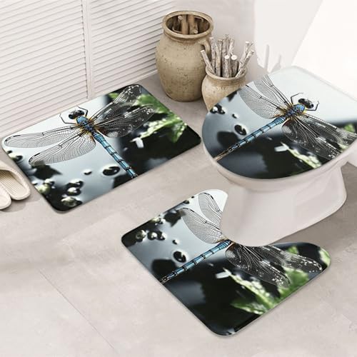 GTKSYNVE Libellen-Badezimmerteppich-Set, 3-teilig, mit WC-Deckelbezug, U-förmiger Kontur-WC-Vorleger und saugfähige Badematten aus Mikrofaser, schnell trocknend, maschinenwaschbar, Duschmatte von GTKSYNVE