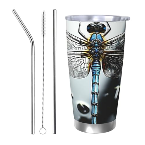 GTKSYNVE Libellen-Becher mit auslaufsicherem Deckel und Strohhalm, 590 ml Autobecher, vakuumisolierter Edelstahl-Reise-Kaffeebecher, BPA-frei, wiederverwendbarer Thermobecher für den Außenbereich von GTKSYNVE