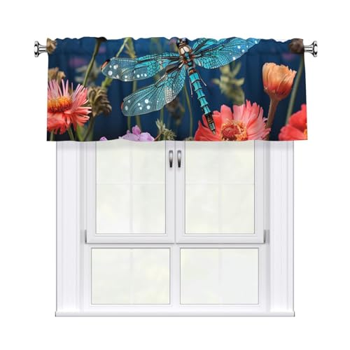 GTKSYNVE Libellen- und Blumenvolants für Fenster, Stangentasche, Fenstervolant, kleine Fensterbehandlung, Volants für Küche, Verdunkelungsvorhänge, kurze Vorhänge für Schlafzimmer, 137 x 45 cm von GTKSYNVE
