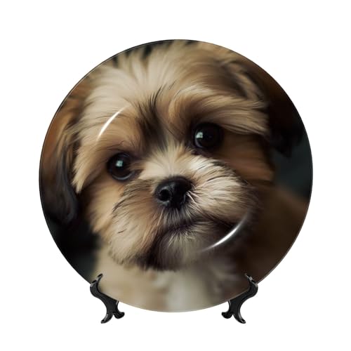 GTKSYNVE Little Dog Deko-Teller aus Knochenporzellan, 25,4 cm, personalisierbar, dekorativer Keramikteller mit Präsentationsständer, Keramikornamente, Kunst-Porzellanteller für Zuhause, Büro von GTKSYNVE