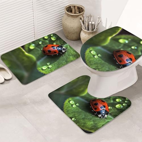 GTKSYNVE Little Ladybug Badezimmerteppich-Set, 3-teilig, mit WC-Deckelbezug, U-förmiger Kontur-WC-Vorleger und saugfähige Badematten aus Mikrofaser, schnell trocknend, maschinenwaschbar, Duschmatte von GTKSYNVE