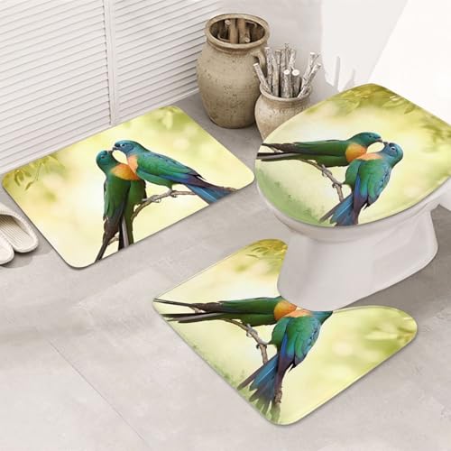 GTKSYNVE Love Birds Badezimmerteppich-Set, 3-teilig, mit WC-Deckelbezug, U-förmiger Kontur-WC-Vorleger und saugfähige Badematten aus Mikrofaser, schnell trocknend, maschinenwaschbar, Duschmatte von GTKSYNVE