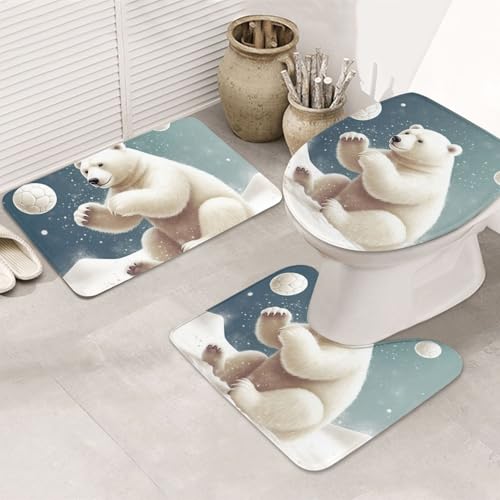 GTKSYNVE Lustiger Eisbär-Badezimmerteppich-Set, 3-teilig, mit WC-Deckelbezug, U-förmiger Kontur-WC-Vorleger und saugfähige Badematten aus Mikrofaser, schnell trocknend, maschinenwaschbar, Duschmatte von GTKSYNVE