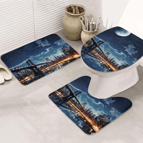 GTKSYNVE Moon Light New York City Badezimmerteppich-Set, 3-teilig, mit WC-Deckelbezug, U-förmiger Kontur-WC-Vorleger und saugfähige Badematten aus Mikrofaser, schnell trocknend, maschinenwaschbar von GTKSYNVE