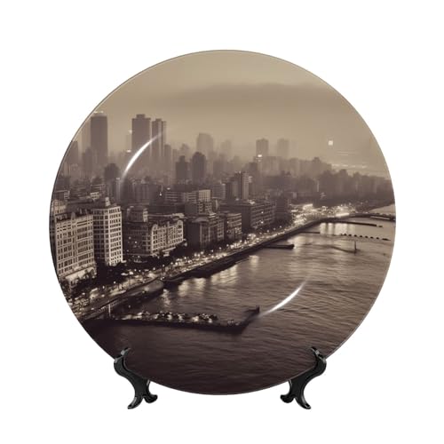 GTKSYNVE Mumbai "City of Dreams" Dekorative Teller aus Knochenporzellan, 20,3 cm, personalisierbar, Keramik-Dekoteller mit Präsentationsständer, Keramik-Ornamente, Kunst-Porzellanteller für Zuhause von GTKSYNVE