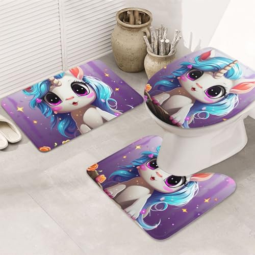 GTKSYNVE Niedliches Einhorn-Badezimmerteppich-Set, 3-teilig, mit WC-Deckelbezug, U-förmiger Kontur-WC-Vorleger und saugfähiger Mikrofaser-Badematte, schnell trocknend, maschinenwaschbar, Duschmatte von GTKSYNVE