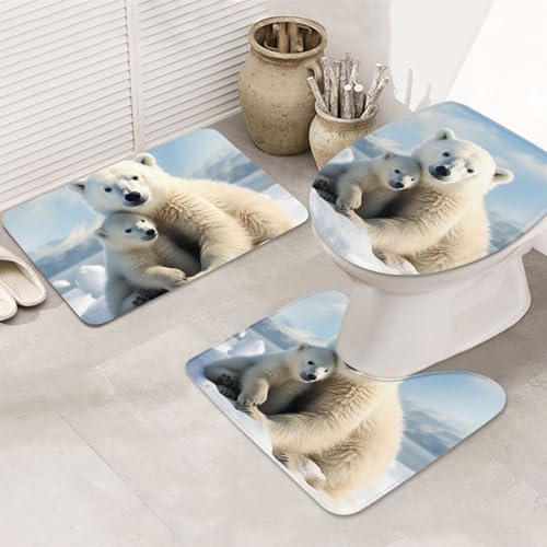 GTKSYNVE Niedliches Eisbär-Badezimmerteppich-Set, 3-teilig, mit WC-Deckelbezug, U-förmiger Kontur-WC-Vorleger und saugfähige Badematten aus Mikrofaser, schnell trocknend, maschinenwaschbar, Duschmatte von GTKSYNVE