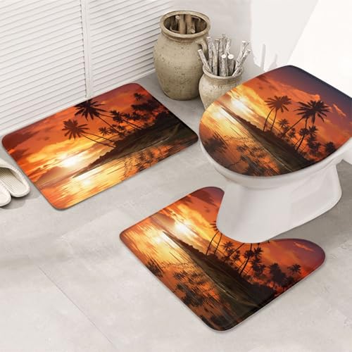 GTKSYNVE Palmen-Sonnenuntergang-Badezimmerteppich-Set, 3-teilig, mit WC-Deckelbezug, U-förmiger Kontur-WC-Vorleger und saugfähige Badematten aus Mikrofaser, schnell trocknend, maschinenwaschbar von GTKSYNVE