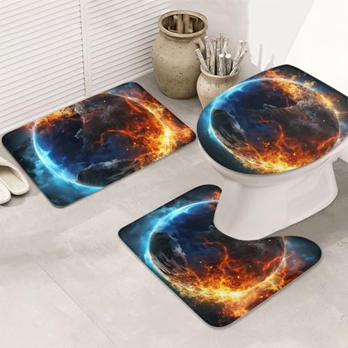 GTKSYNVE Planet Ice and Fire Badezimmerteppich-Set, 3-teilig, mit WC-Deckelbezug, U-förmiger Kontur-WC-Vorleger und saugfähige Badematten aus Mikrofaser, schnell trocknend, maschinenwaschbar von GTKSYNVE