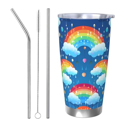 GTKSYNVE Rainbow Clouds Regentropfen-Becher mit auslaufsicherem Deckel und Strohhalm, 590 ml Autobecher, vakuumisolierter Edelstahl-Reise-Kaffeebecher, BPA-frei, wiederverwendbarer Thermobecher für von GTKSYNVE