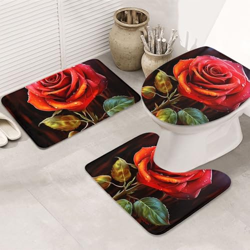 GTKSYNVE Red Rose Art Badezimmerteppich-Set, 3-teilig, mit WC-Deckelbezug, U-förmiger Kontur-WC-Vorleger und saugfähige Badematten aus Mikrofaser, schnell trocknend, maschinenwaschbar, Duschmatte GTKSYNVE Red Rose Art Badezimmerteppich-Set, 3-teilig, mit WC-Deckelbezug, U-förmiger Kontur-WC-Vorleger und saugfähige Badematten aus Mikrofaser, schnell trocknend, maschinenwaschbar, Duschmatte von GTKSYNVE