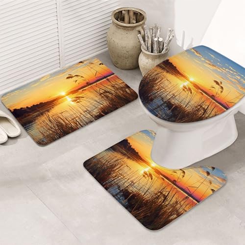 GTKSYNVE Reeds by The River Badezimmerteppich-Set, 3-teilig, mit WC-Deckelbezug, U-förmiger Kontur-WC-Vorleger und saugfähige Badematten aus Mikrofaser, schnell trocknend, maschinenwaschbar von GTKSYNVE