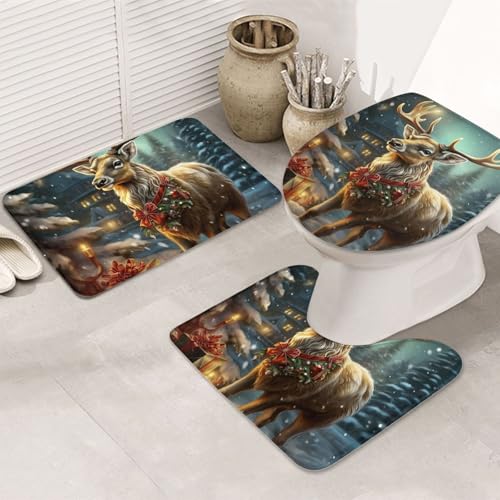 GTKSYNVE Rentier-Badezimmerteppich-Set, 3-teilig, mit WC-Deckelbezug, U-förmiger Kontur-WC-Vorleger und saugfähige Badematten aus Mikrofaser, schnell trocknend, maschinenwaschbar, Duschmatte GTKSYNVE Rentier-Badezimmerteppich-Set, 3-teilig, mit WC-Deckelbezug, U-förmiger Kontur-WC-Vorleger und saugfähige Badematten aus Mikrofaser, schnell trocknend, maschinenwaschbar, Duschmatte von GTKSYNVE
