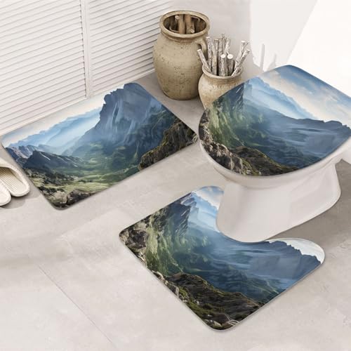 GTKSYNVE Rock Mountain Badezimmerteppich-Set, 3-teilig, mit WC-Deckelbezug, U-förmiger Kontur-WC-Vorleger und saugfähige Badematten aus Mikrofaser, schnell trocknend, maschinenwaschbar, Duschmatte von GTKSYNVE