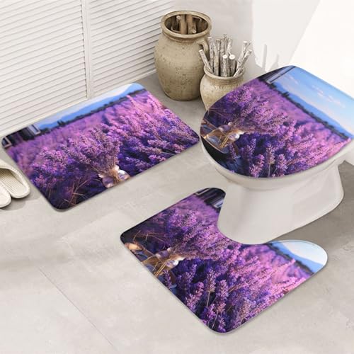 GTKSYNVE Romantisches Lavendel-Badezimmerteppich-Set, 3-teilig, mit WC-Deckelbezug, U-förmiger Kontur-WC-Vorleger und saugfähige Badematten aus Mikrofaser, schnell trocknend, maschinenwaschbar von GTKSYNVE