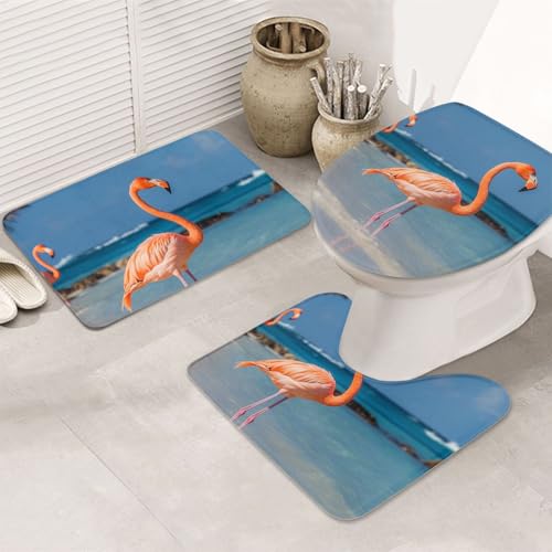 GTKSYNVE Strand-Flamingo-Badezimmerteppich-Set, 3-teilig, mit WC-Deckelbezug, U-förmiger Kontur-WC-Vorleger und saugfähige Badematten aus Mikrofaser, schnell trocknend, maschinenwaschbar, Duschmatte GTKSYNVE Strand-Flamingo-Badezimmerteppich-Set, 3-teilig, mit WC-Deckelbezug, U-förmiger Kontur-WC-Vorleger und saugfähige Badematten aus Mikrofaser, schnell trocknend, maschinenwaschbar, Duschmatte von GTKSYNVE