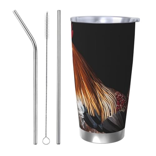 GTKSYNVE Tierhahn-Becher mit auslaufsicherem Deckel und Strohhalm, 590 ml Autobecher, vakuumisolierter Edelstahl-Reise-Kaffeebecher, BPA-frei, wiederverwendbarer Thermobecher für den Außenbereich von GTKSYNVE