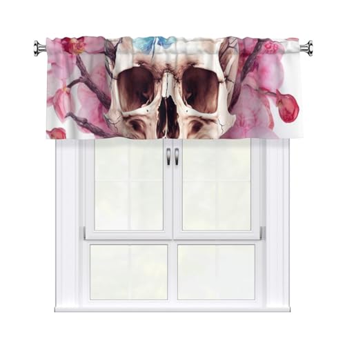 GTKSYNVE Volants mit menschlichem Totenkopf, rosa Blumen, für Fenster, Stangentasche, Fenstervolant, kleine Fensterbehandlung, Volants für Küche, Vorhänge, Verdunkelung, kurze Vorhänge für von GTKSYNVE