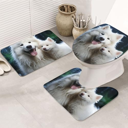 GTKSYNVE Weiße Hunde-Badezimmerteppich-Set, 3-teilig, mit WC-Deckelbezug, U-förmiger Kontur-WC-Vorleger und saugfähige Badematten aus Mikrofaser, schnell trocknend, maschinenwaschbar, Duschmatte GTKSYNVE Weiße Hunde-Badezimmerteppich-Set, 3-teilig, mit WC-Deckelbezug, U-förmiger Kontur-WC-Vorleger und saugfähige Badematten aus Mikrofaser, schnell trocknend, maschinenwaschbar, Duschmatte von GTKSYNVE