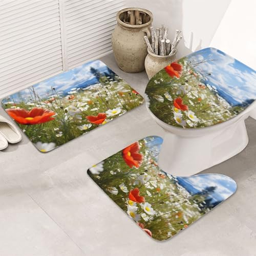 GTKSYNVE Wiesen- und Gänseblümchen-Badezimmerteppich-Set, 3-teilig, mit WC-Deckelbezug, U-förmiger Kontur-WC-Vorleger und saugfähige Badematten aus Mikrofaser, schnell trocknend, maschinenwaschbar von GTKSYNVE