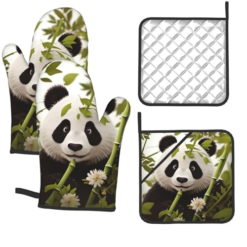 Panda Ofenhandschuhe und Topflappen, 4-teiliges Set, 260 °C, hitzebeständig, Küchenhandschuh, Topflappen, rutschfeste Kochhandschuhe mit Pfannenregalen zum Backen und Grillen von GTKSYNVE