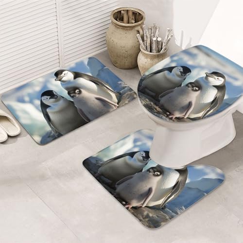 Pinguin Parents and Chicks Antarktis Großes Badezimmerteppich-Set, 3-teilig, mit WC-Deckelbezug, U-förmiger Kontur-WC-Vorleger und saugfähige Badematten aus Mikrofaser, schnell trocknend von GTKSYNVE