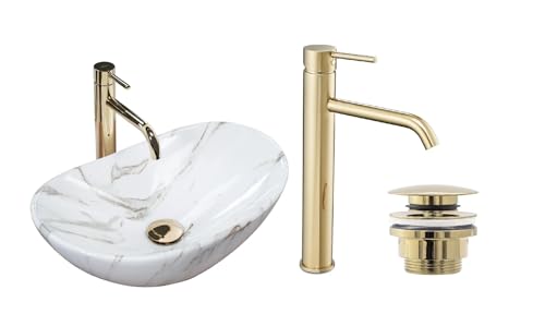 GTM Design Aufsatzwaschbecken Set mit Waschtischbatterie und Stopfen - Aufsatzwaschbecken Oval für Badezimmer - Modern Waschbecken ohne Hahnloch - Waschbecken mit Armature - Modell 13 von GTM Design