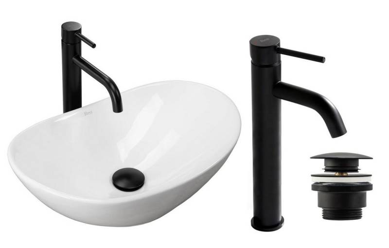 GTM Design Aufsatzwaschbecken Glanz Set mit Waschtischbatterie, Stopfen - Waschbecken mit Armature von GTM Design