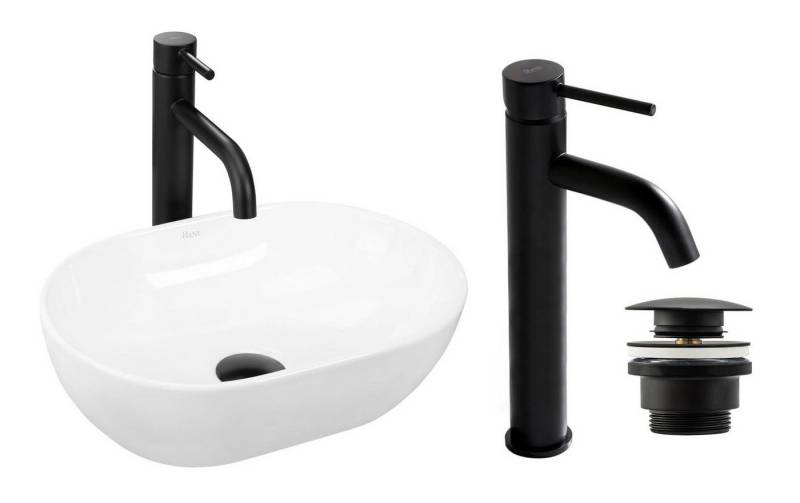 GTM Design Aufsatzwaschbecken Glanz Set mit Waschtischbatterie, Stopfen - Waschbecken mit Armature von GTM Design