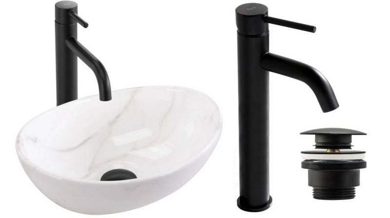 GTM Design Aufsatzwaschbecken Glanz Set mit Waschtischbatterie, Stopfen - Waschbecken mit Armature von GTM Design