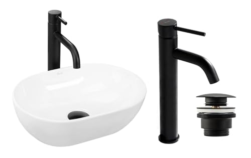 GTM Design Aufsatzwaschbecken Glanz Set mit Waschtischbatterie und Stopfen - Aufsatzwaschbecken Oval für Badezimmer - Modern Waschbecken ohne Hahnloch - Waschbecken mit Armature - Modell 10 GTM Design Aufsatzwaschbecken Glanz Set mit Waschtischbatterie und Stopfen - Aufsatzwaschbecken Oval für Badezimmer - Modern Waschbecken ohne Hahnloch - Waschbecken mit Armature - Modell 10 von GTM Design