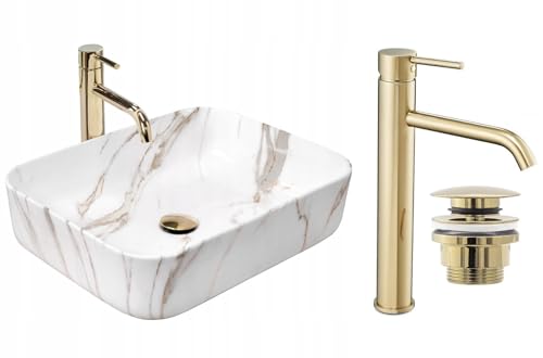 GTM Design Aufsatzwaschbecken Glanz Set mit Waschtischbatterie und Stopfen - Aufsatzwaschbecken Oval für Badezimmer - Modern Waschbecken ohne Hahnloch - Waschbecken mit Armature - Modell 2 von GTM Design