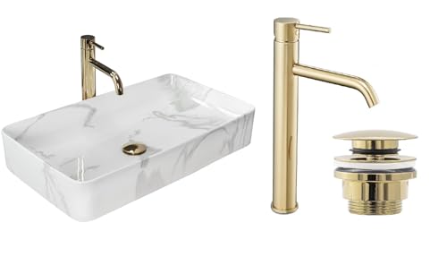GTM Design Aufsatzwaschbecken Glanz Set mit Waschtischbatterie und Stopfen - Aufsatzwaschbecken Oval für Badezimmer - Modern Waschbecken ohne Hahnloch - Waschbecken mit Armature - Modell 4 von GTM Design