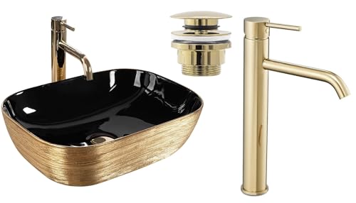 GTM Design Aufsatzwaschbecken Glanz Set mit Waschtischbatterie und Stopfen - Aufsatzwaschbecken Oval für Badezimmer - Modern Waschbecken ohne Hahnloch - Waschbecken mit Armature - Modell 8 von GTM Design