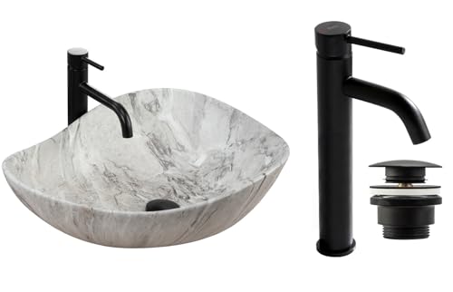 GTM Design Aufsatzwaschbecken Matt Set mit Waschtischbatterie und Stopfen - Aufsatzwaschbecken Oval für Badezimmer - Modern Waschbecken ohne Hahnloch - Waschbecken mit Armature - Modell 1 von GTM Design