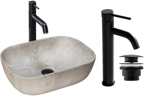 GTM Design Aufsatzwaschbecken Matt Set mit Waschtischbatterie und Stopfen - Aufsatzwaschbecken Oval für Badezimmer - Modern Waschbecken ohne Hahnloch - Waschbecken mit Armature - Modell 4 von GTM Design