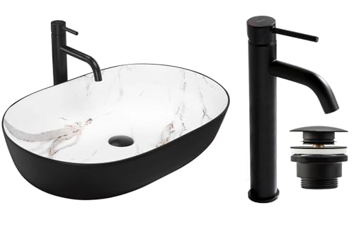GTM Design Aufsatzwaschbecken Matt Set mit Waschtischbatterie und Stopfen - Aufsatzwaschbecken Oval für Badezimmer - Modern Waschbecken ohne Hahnloch - Waschbecken mit Armature - Modell 5 von GTM Design