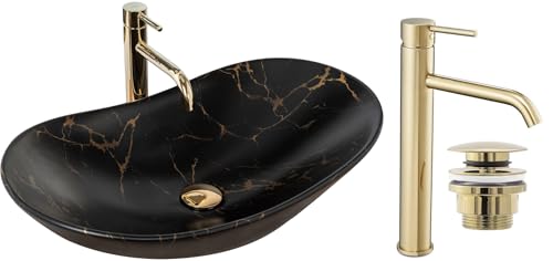 GTM Design Aufsatzwaschbecken Set mit Waschtischbatterie und Stopfen - Aufsatzwaschbecken Oval für Badezimmer - Modern Waschbecken ohne Hahnloch - Waschbecken mit Armature - Modell 10 von GTM Design