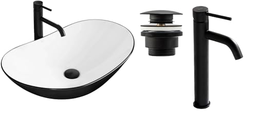 GTM Design Aufsatzwaschbecken Set mit Waschtischbatterie und Stopfen - Aufsatzwaschbecken Oval für Badezimmer - Modern Waschbecken ohne Hahnloch - Waschbecken mit Armature - Modell 3 GTM Design Aufsatzwaschbecken Set mit Waschtischbatterie und Stopfen - Aufsatzwaschbecken Oval für Badezimmer - Modern Waschbecken ohne Hahnloch - Waschbecken mit Armature - Modell 3 von GTM Design