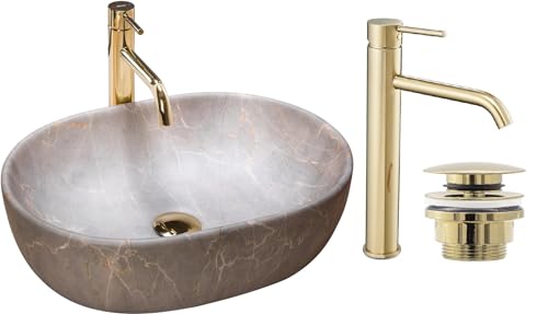 GTM Design Aufsatzwaschbecken Matt Set mit Waschtischbatterie und Stopfen - Aufsatzwaschbecken Oval für Badezimmer - Modern Waschbecken ohne Hahnloch - Waschbecken mit Armature - Modell 5 von GTM Design